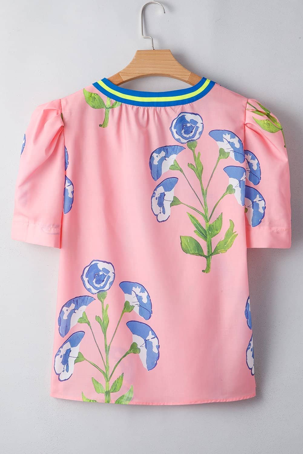 Pink Floral Print Striped Notched V Neck Bubble Sleeve Blouse