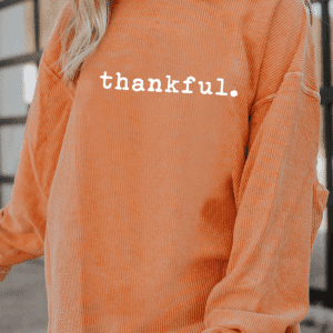 Orange Thankful Ribbed Crew Neck Thanksgiving Sweatshirt