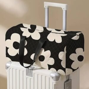 Black Flower Print Quilted Large Duffel Bag