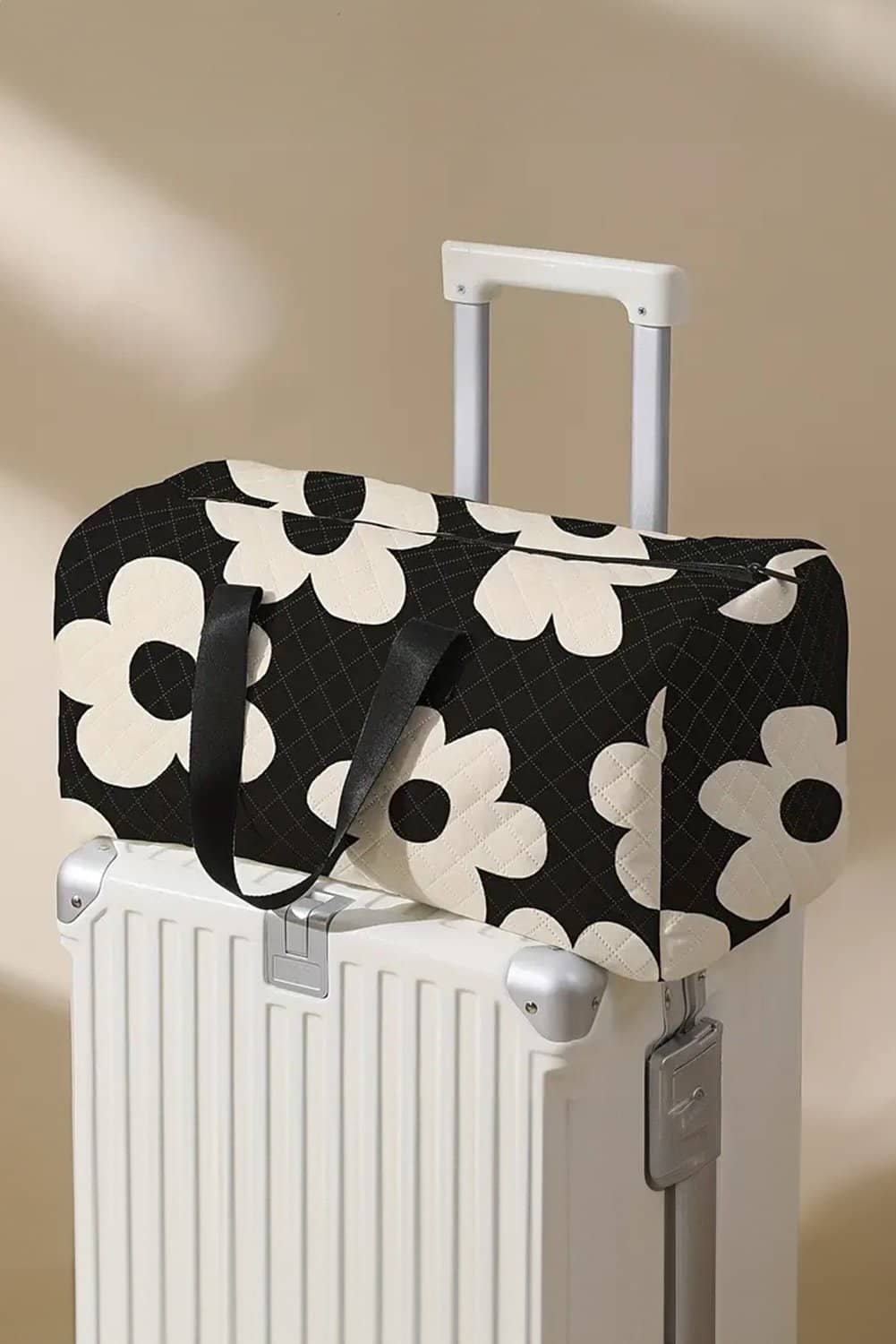 Black Flower Print Quilted Large Duffel Bag