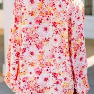 Pink Ditsy Floral Bubble Sleeve V Neck Blouse