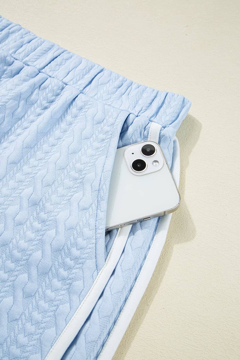 Beau Blue Contrast Trim Textured Crewneck Tee And Pocketed Skirt Set