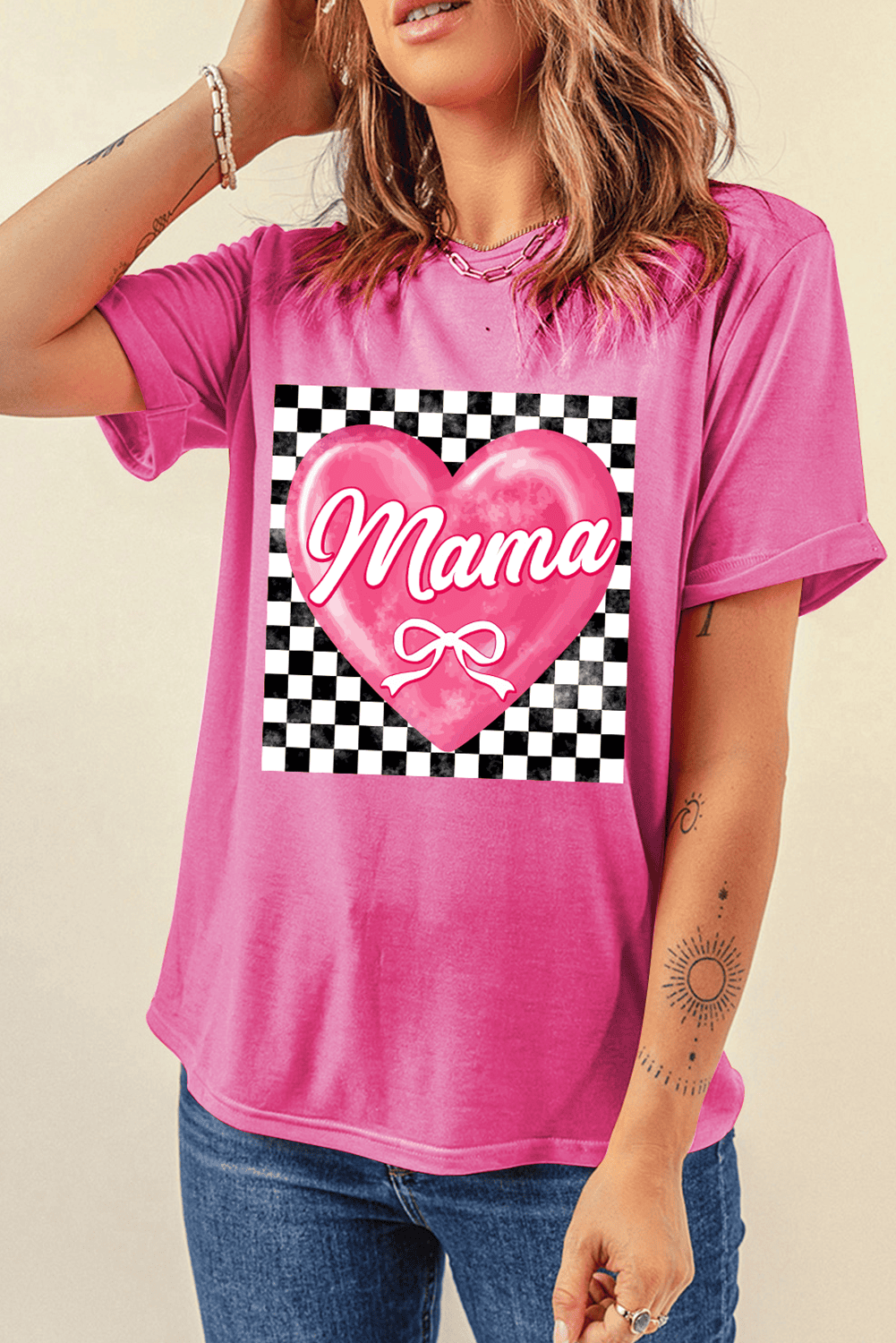 Sachet Pink Checkered Heart Pattern Mama Bow Graphic Tee