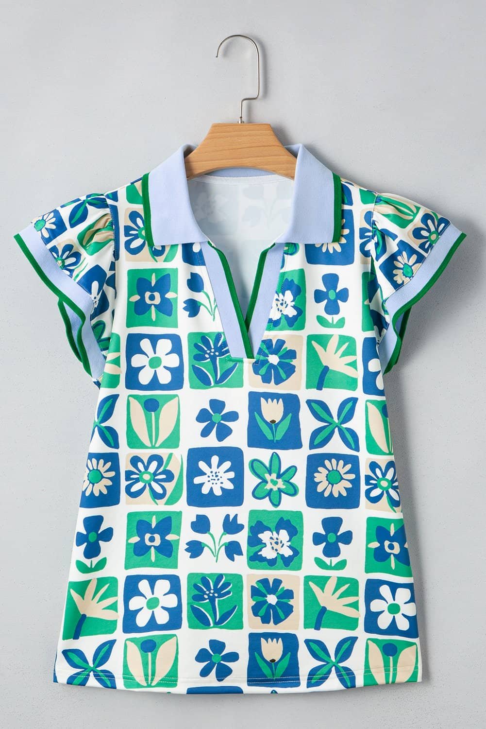 Green Floral Plaid Colorblock Trim Collar Flutter Sleeve Blouse