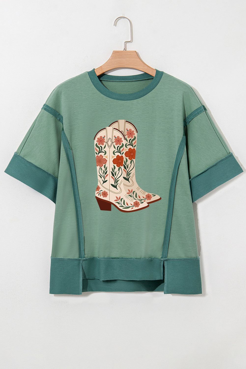 Smoke Green Floral Boots Printed Raw Seam Mix Texture Patchwork Tee
