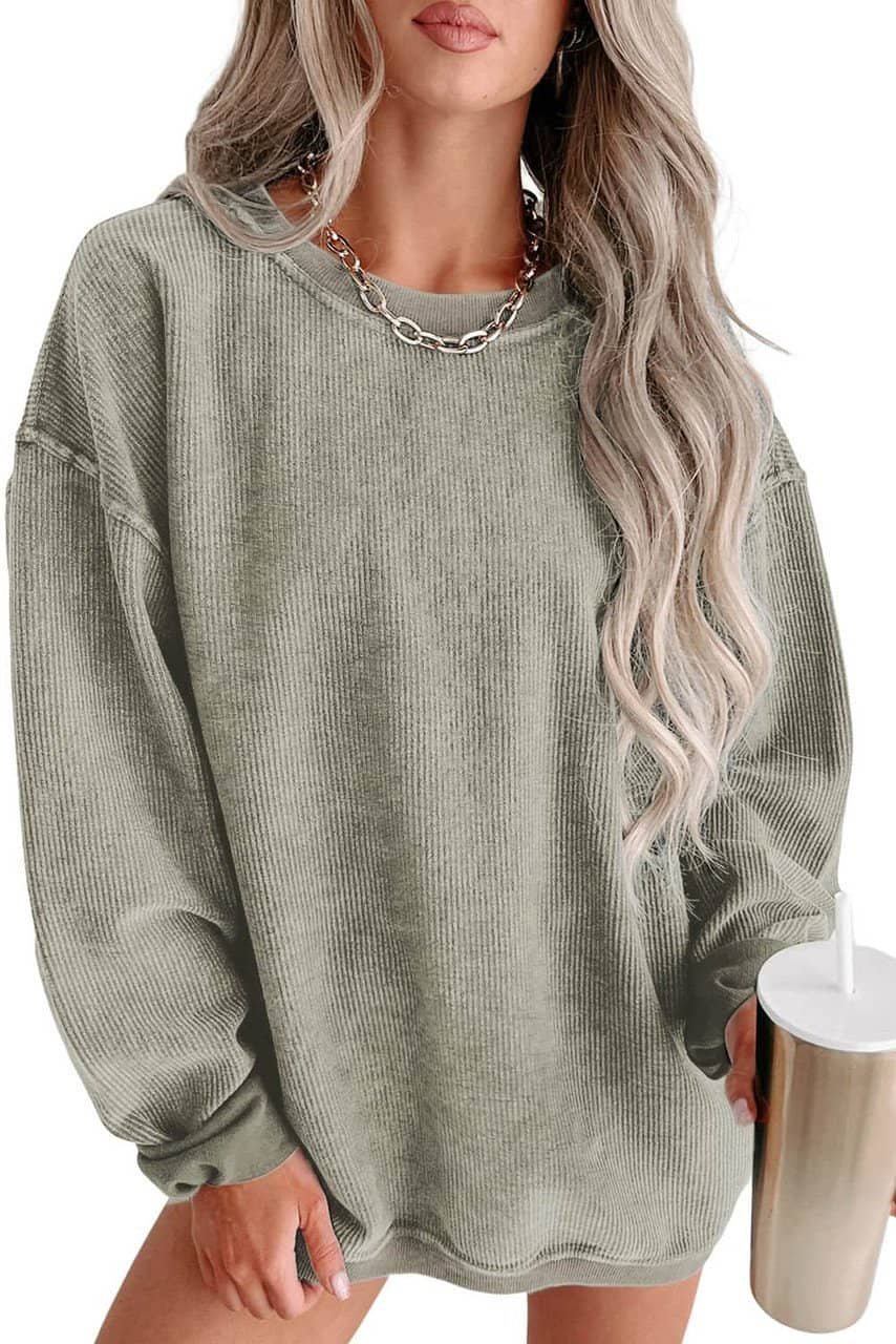 Green Solid Ribbed Knit Round Neck Pullover Sweatshirt - Image 4