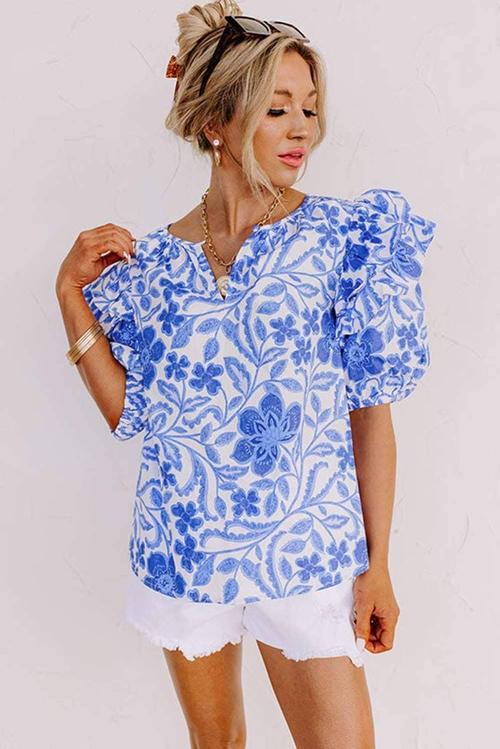 Dark Blue Floral Print Ruffled Bubble Sleeve Blouse