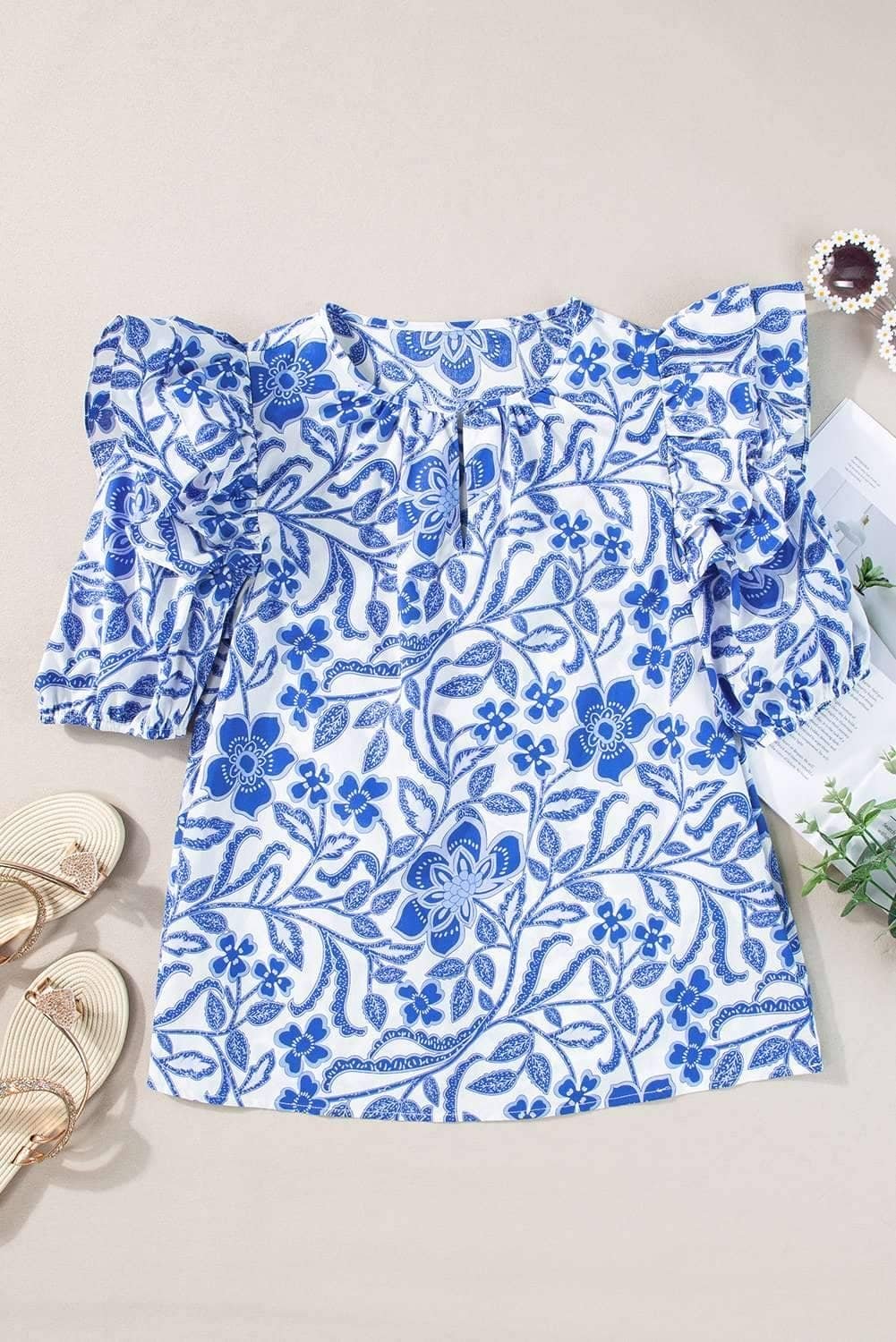 Dark Blue Floral Print Ruffled Bubble Sleeve Blouse