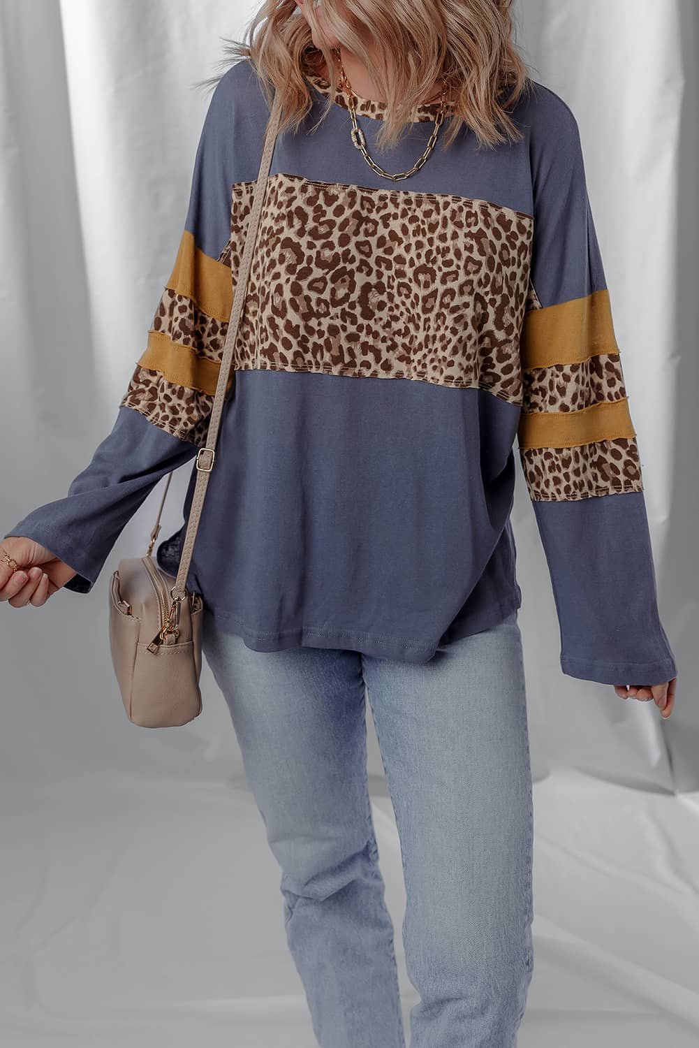 Dark Blue Leopard Colorblock Patchwork Long Sleeve Drop Shoulder Top