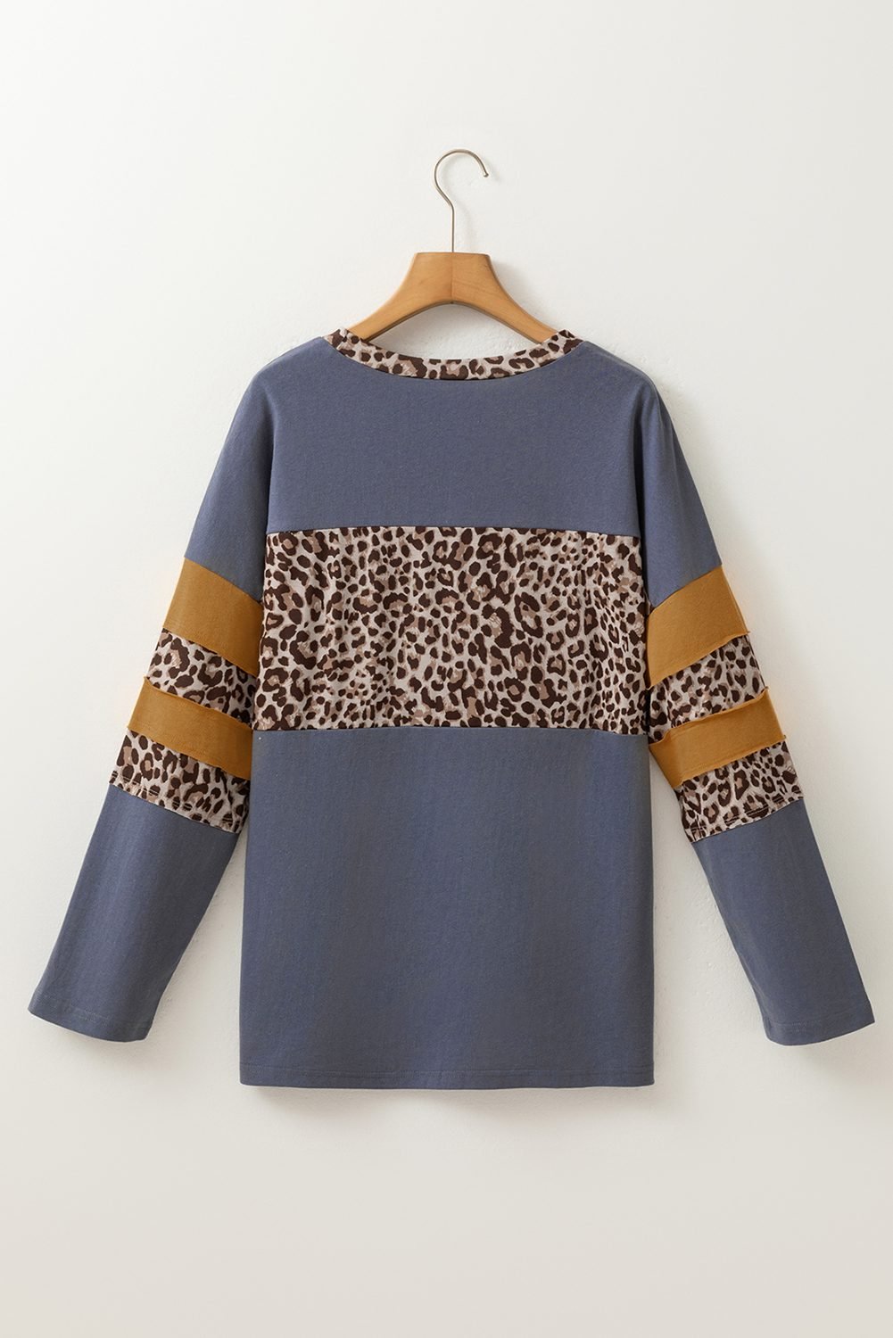 Dark Blue Leopard Colorblock Patchwork Long Sleeve Drop Shoulder Top