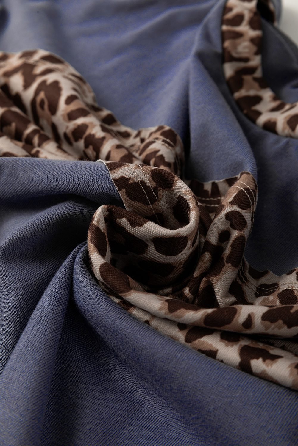 Dark Blue Leopard Colorblock Patchwork Long Sleeve Drop Shoulder Top