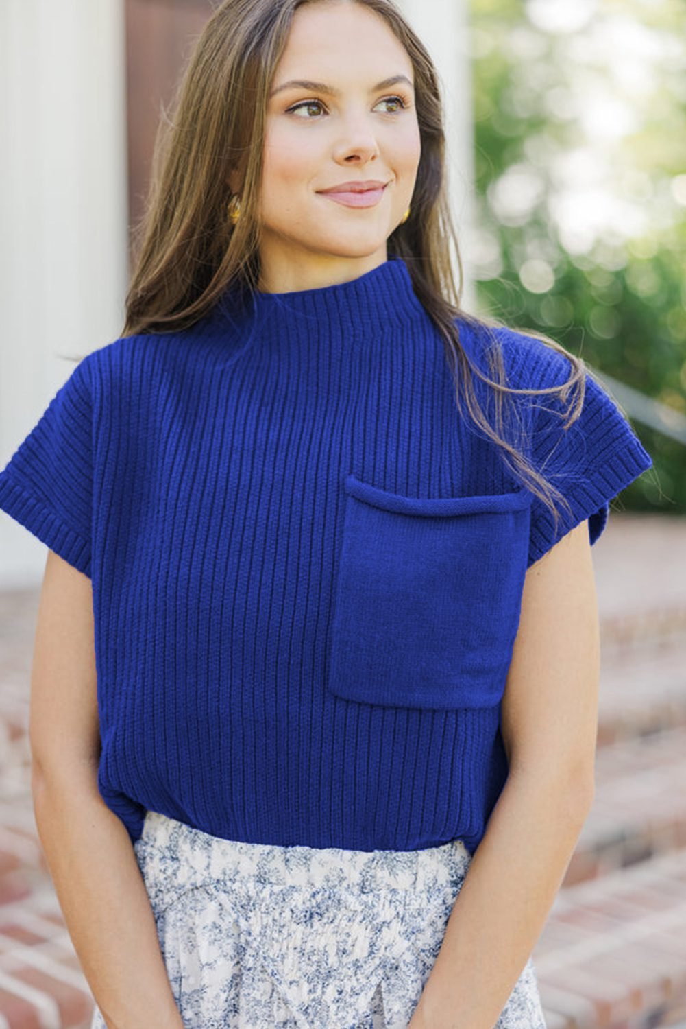 Dark Blue Patch Pocket Ribbed Knit Short Sleeve Sweater