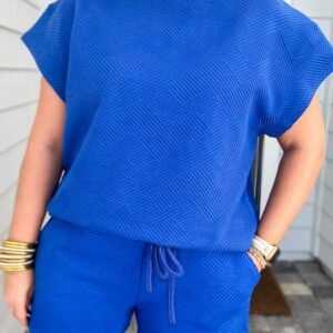 Dark Blue Plus Size Fashion Textured Short 2Pcs Outfit