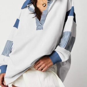 Dark Blue Striped Colorblock Patchwork Collar Sweatshirt
