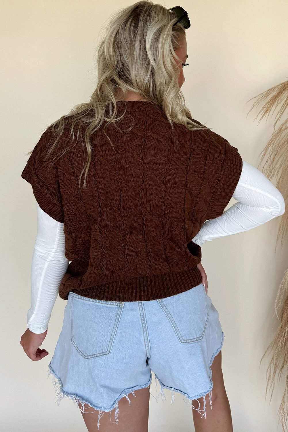 Dark Brown Cable Texture Crew Neck Short Sleeve Sweater Top