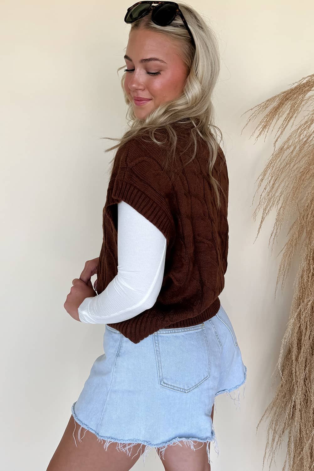 Dark Brown Cable Texture Crew Neck Short Sleeve Sweater Top