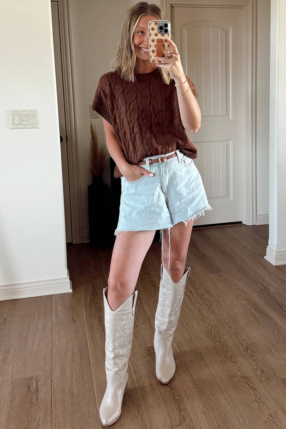 Dark Brown Cable Texture Crew Neck Short Sleeve Sweater Top