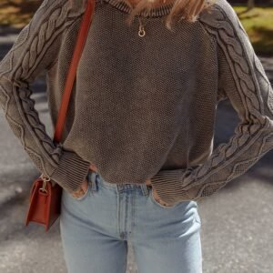 Dark Brown Contrast Cable Knit Sleeve Casual Sweater