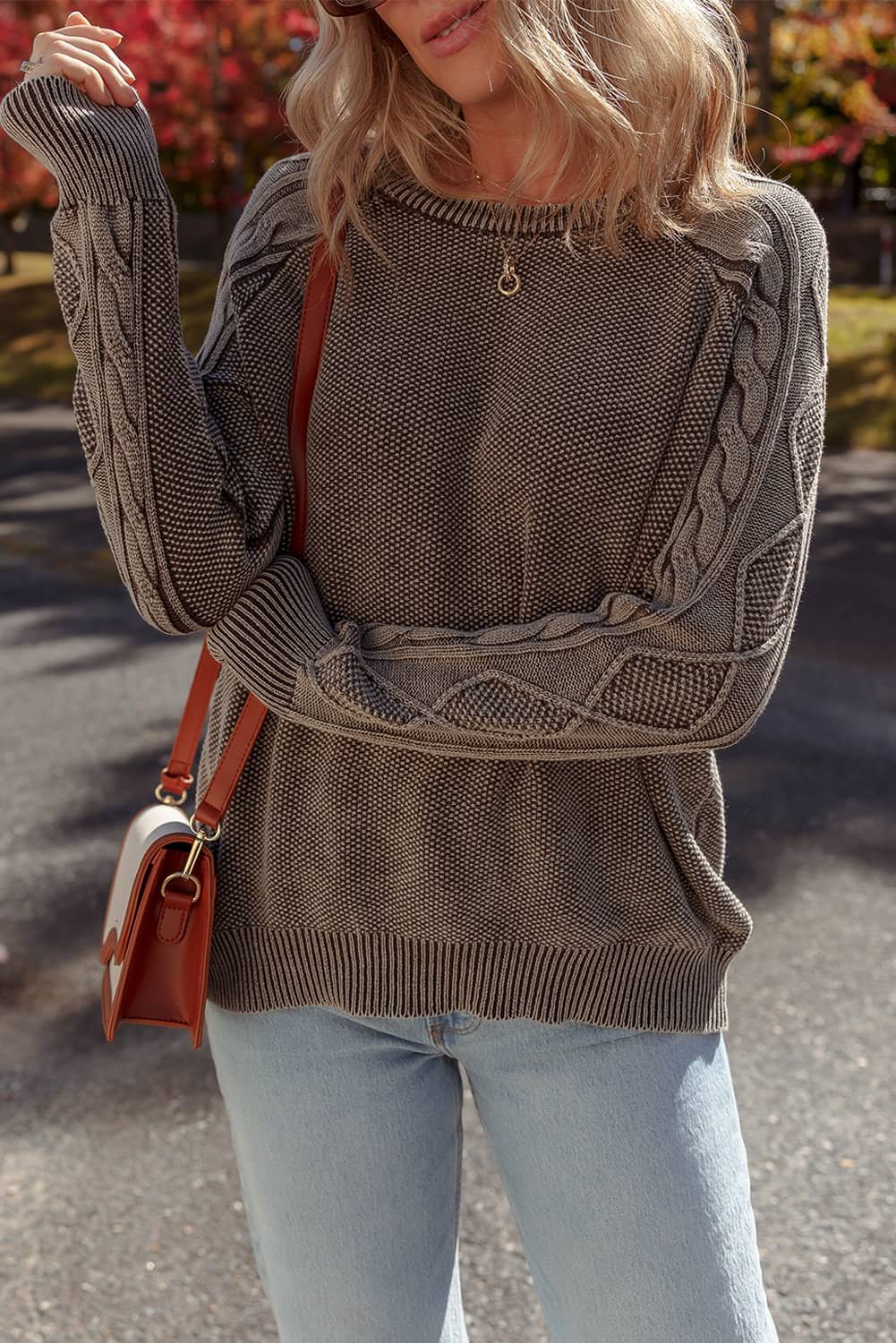 Dark Brown Contrast Cable Knit Sleeve Casual Sweater