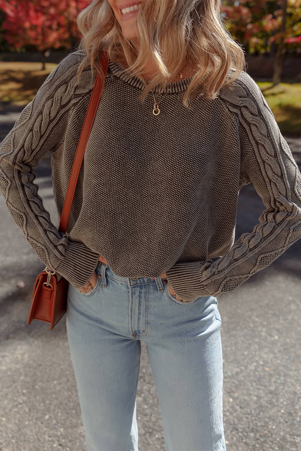 Dark Brown Contrast Cable Knit Sleeve Casual Sweater