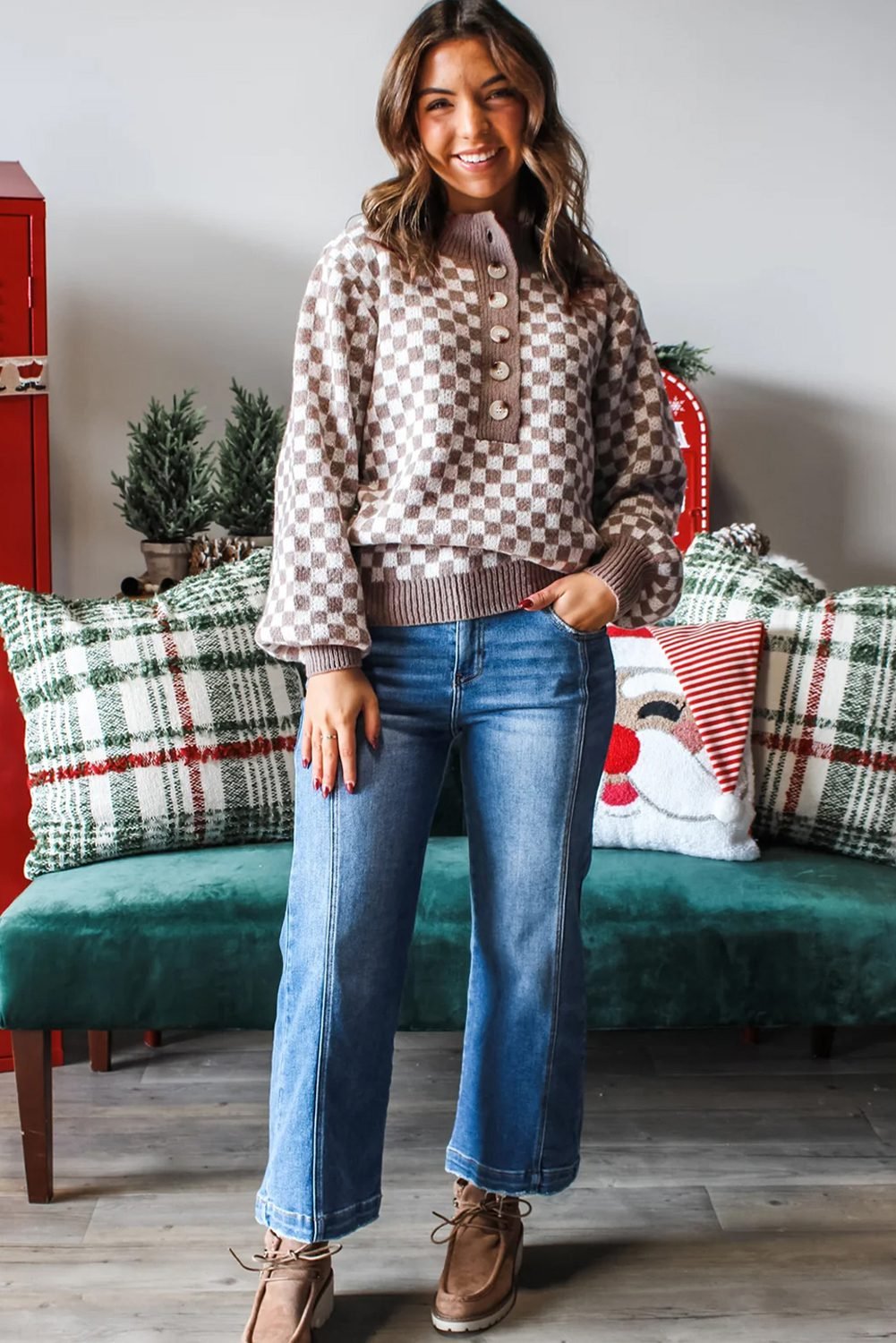 Dark Brown Half Button Ribbed Trim Checkerboard Knit Sweater