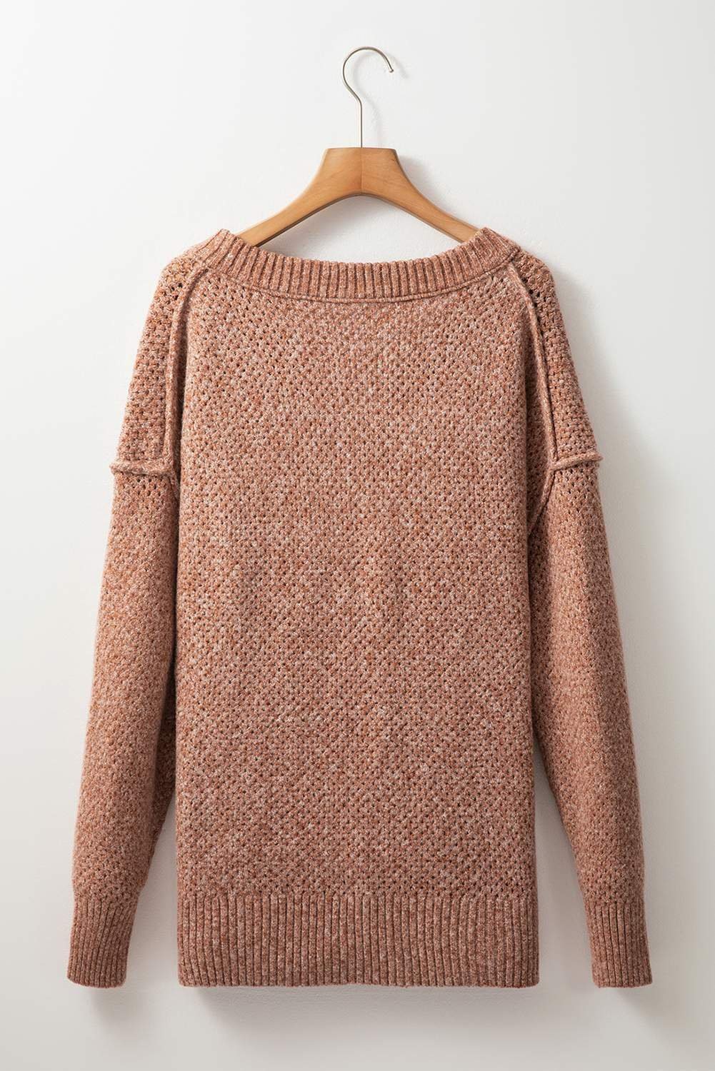 Dark Brown Loose Eyelet V Neck Drop Shoulder Sweater