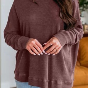 Dark Brown Waffle Knit Patchwork Long Sleeve Loose Top