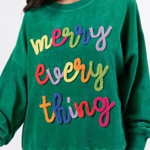 Dark Green Merry Little Thing Corded Letter Graphic Ribbed Loose Sweatshirt