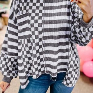 Dark Grey Checkerboard Striped Patchwork Lantern Sleeve Pocketed Blouse