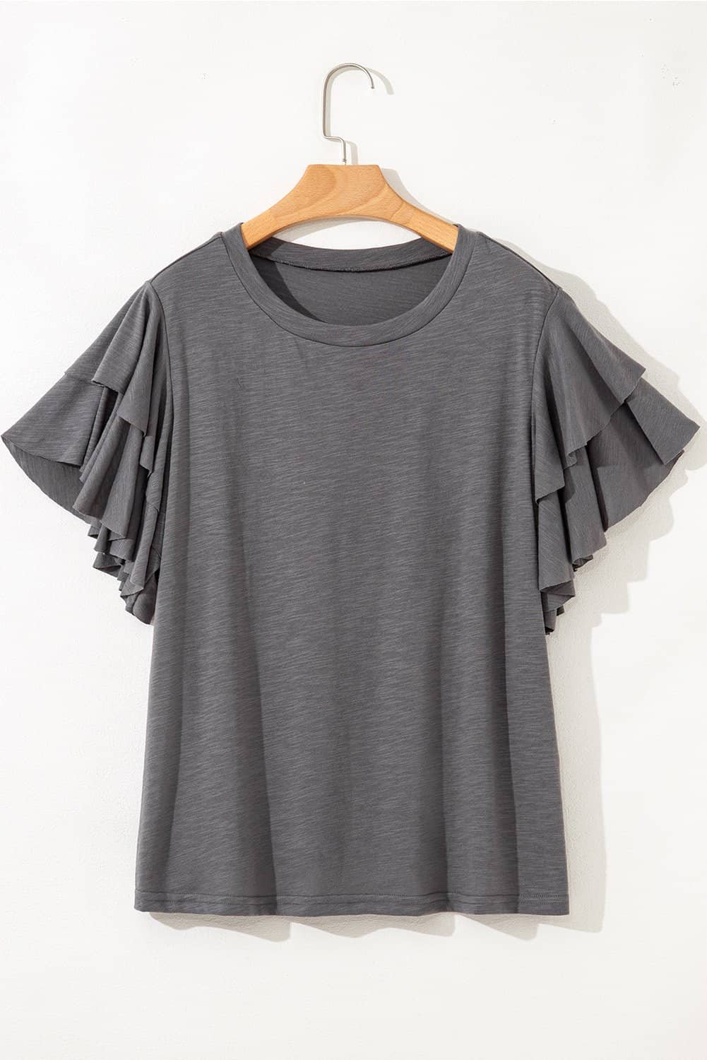 Dark Grey Double Ruffled Short Sleeve Plus Size Top