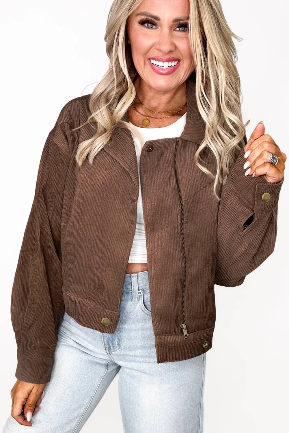Dark Khaki Button Zip Up Lapel Collar Corduroy Jacket