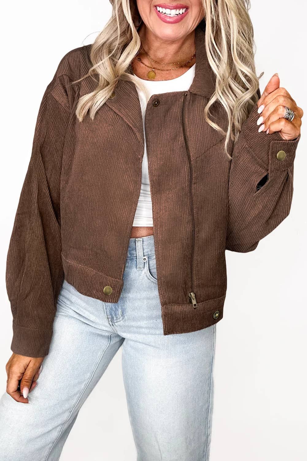 Dark Khaki Button Zip Up Lapel Collar Corduroy Jacket