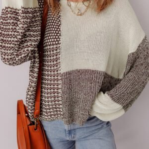 Dark Khaki Color Block Back Tie Drop Shoulder Loose Sweater