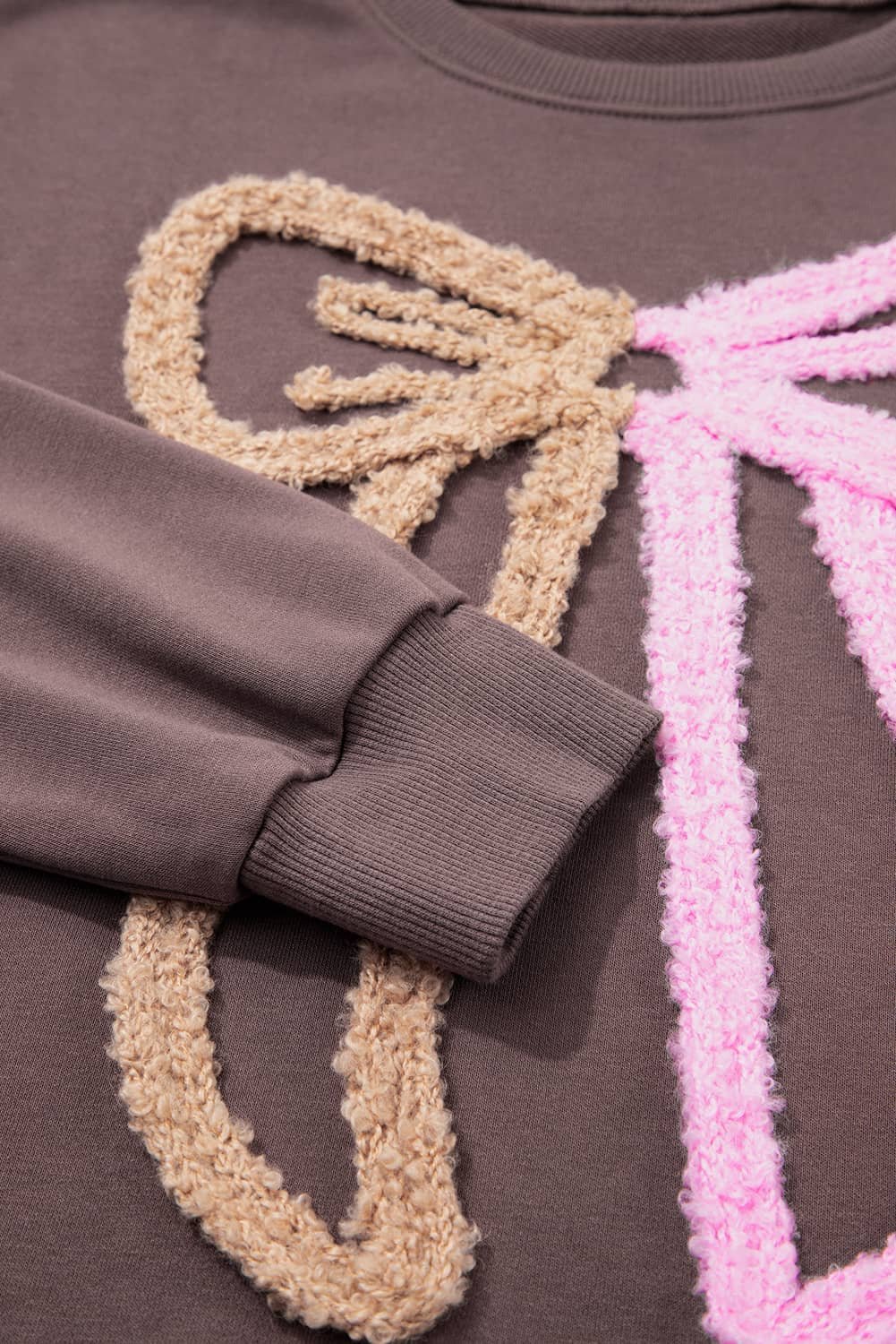 Dark Khaki Contrast Terry Bow Pattern Drop Shoulder Sweatshirt