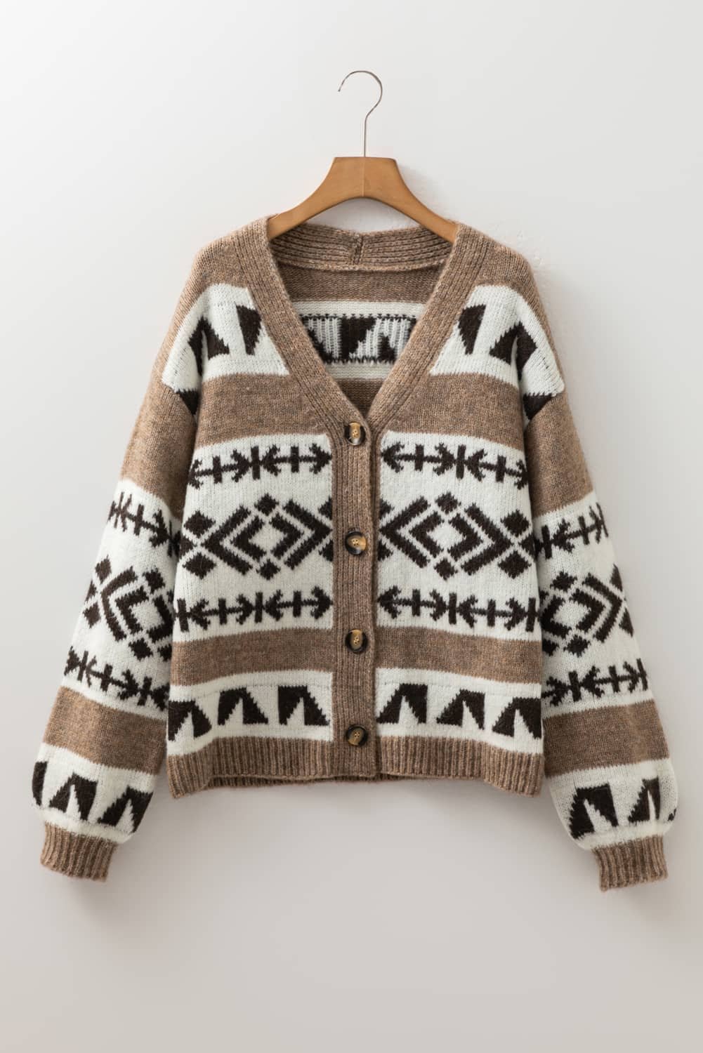 Dark Khaki Ethnic Geometric Pattern Button Front V Neck Sweater Cardigan
