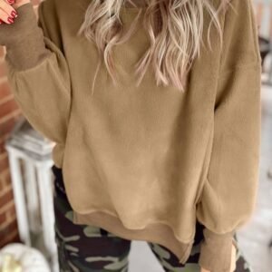 Dark Khaki Fuzzy Sherpa Splicing Pullover Sweatshirt With Side Slit