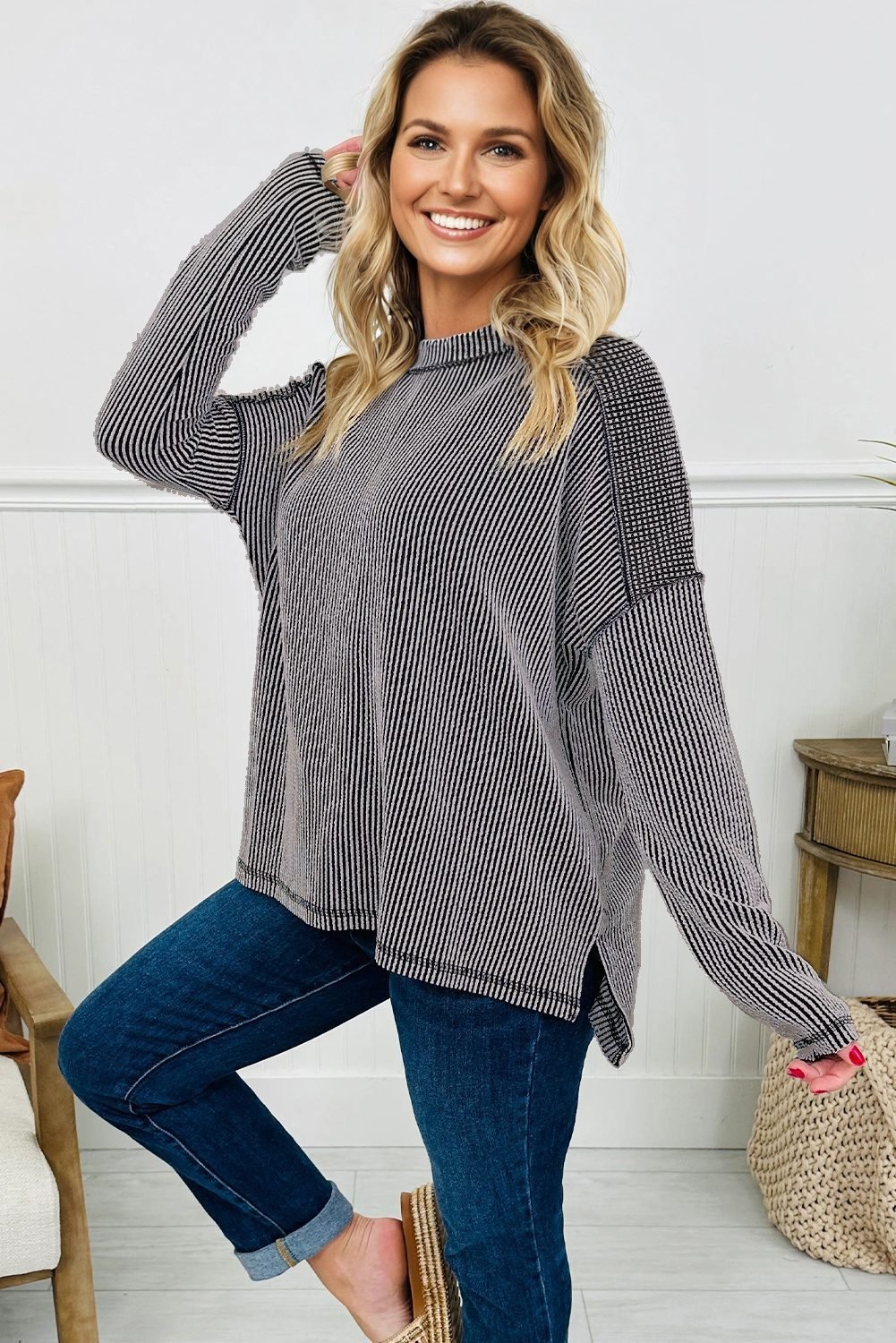 Black Twist Ribbed Exposed Seam Detail Long Sleeve Loose Top