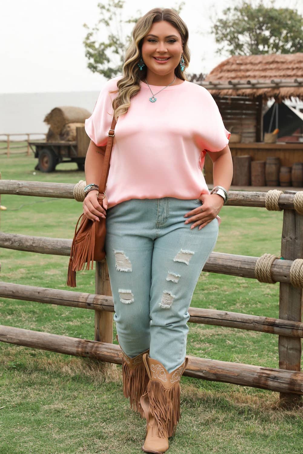 Pink Metallic Gloss Short Batwing Sleeve Plus Size Top