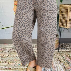 Khaki Leopard Printed Drawstring Waist Pocketed Wide Leg Jeans