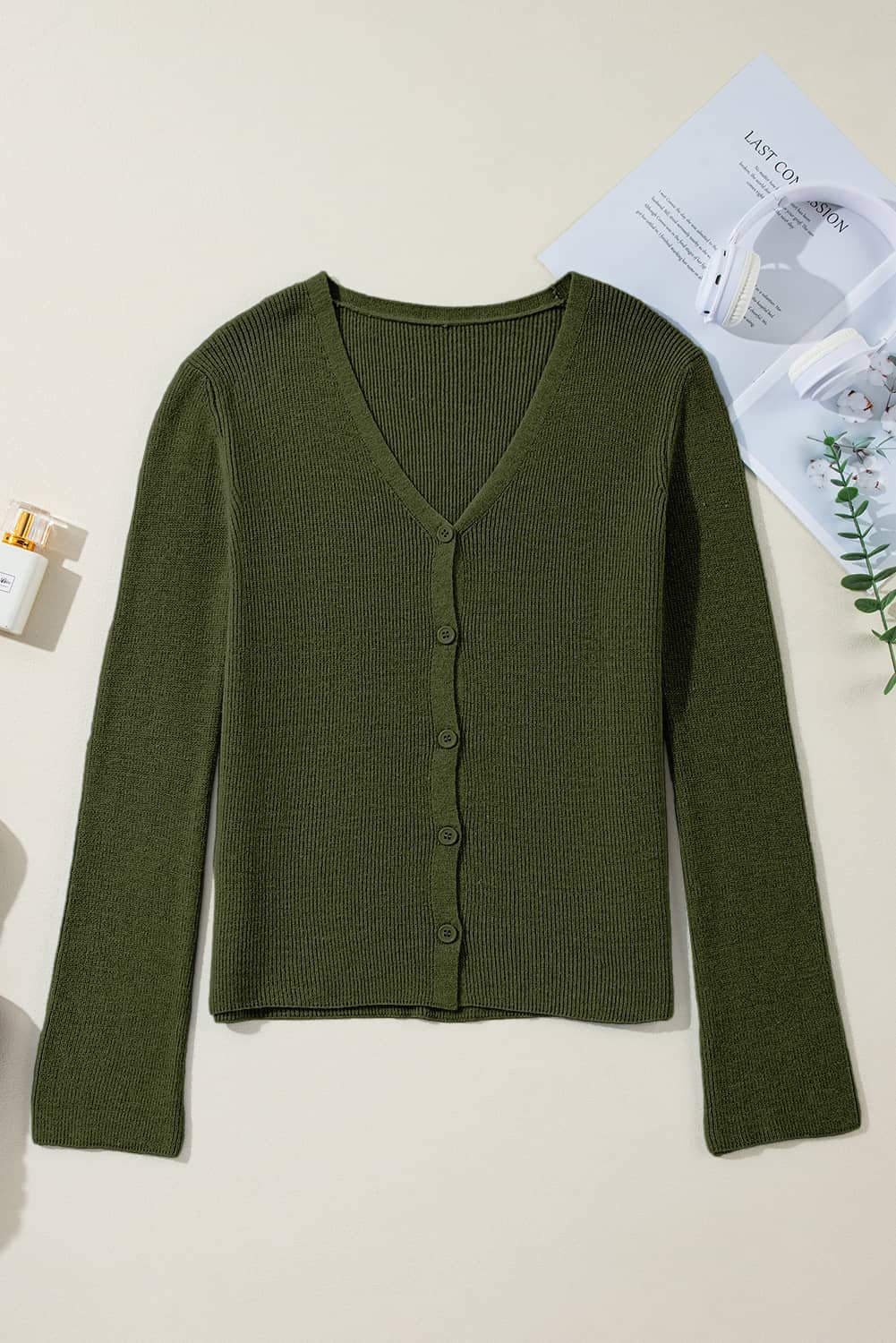 Moss Green Lightweight Ribbed Knit Button Front V Neck Cardigan