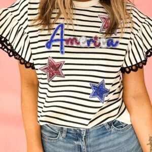Black Stripe Sequin America Star Graphic Ric Rac Flutter Sleeve Blouse
