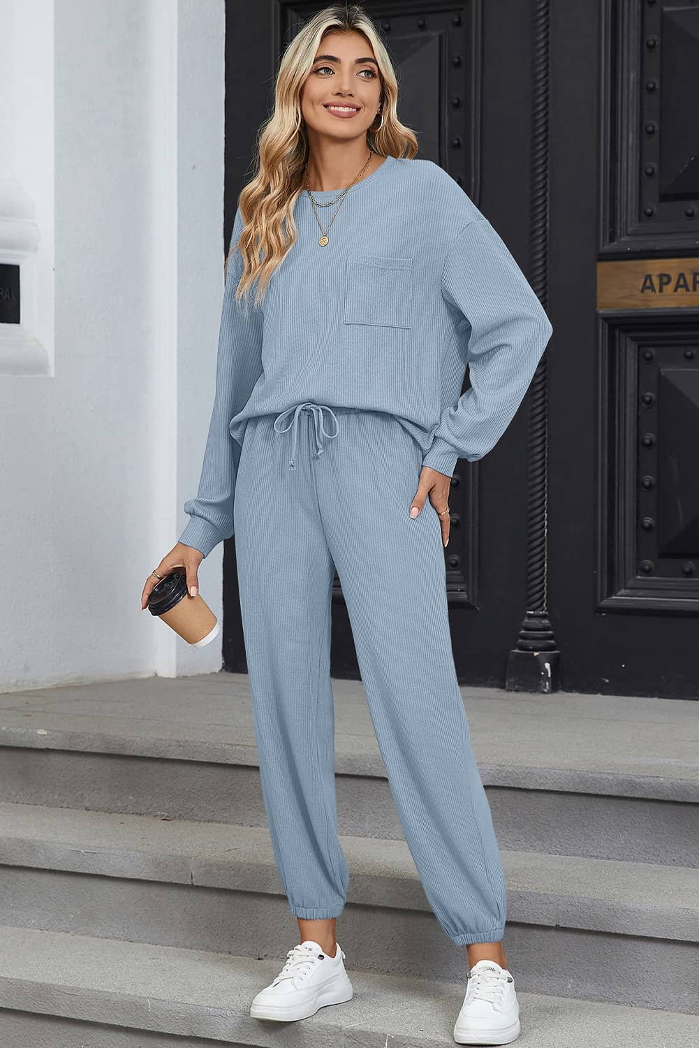 Dusk Blue Solid Color Ribbed Loose Long Sleeve Top Casual Pant Set