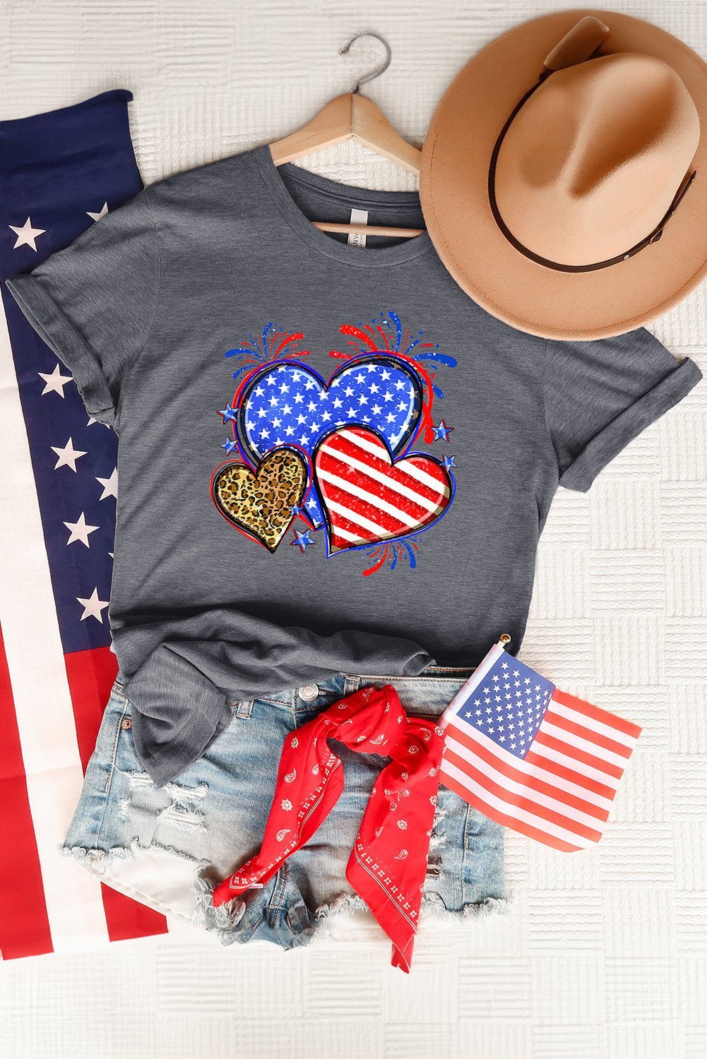 Gray American Heart July 4Th Celebration Graphic T Shirt