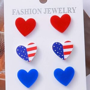 Fiery Red American Flag Print Heart Shape Stud Earrings Set