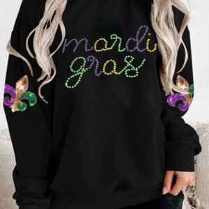 Black Ceramic Rhinestone Mardi Gras Letter Graphic Sweatshirt