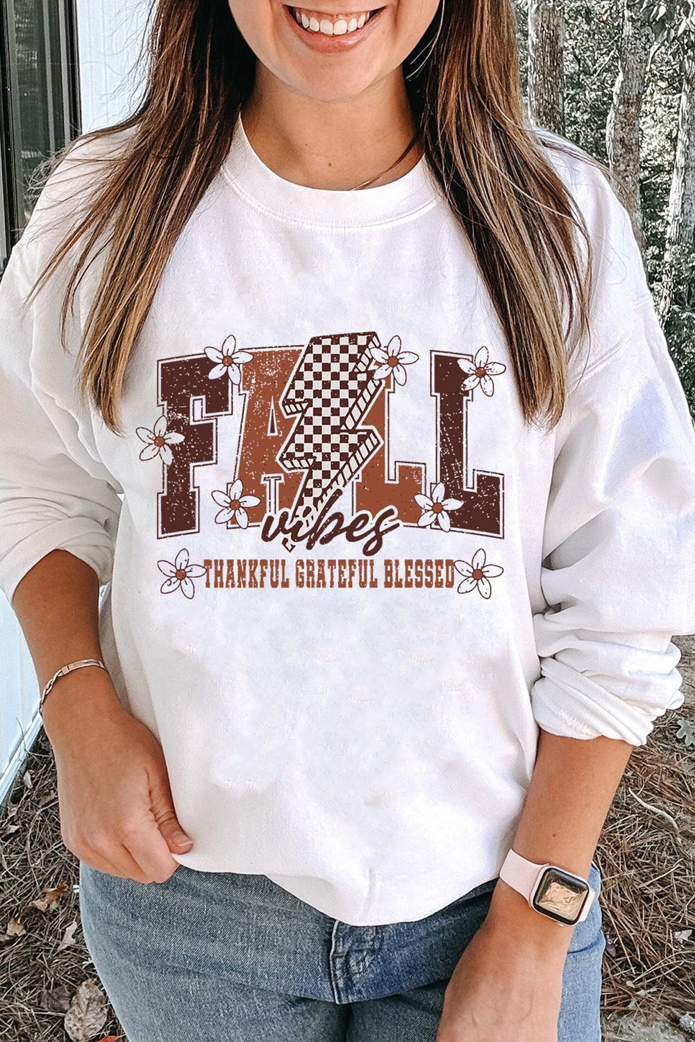 White Fall Thankful Graphic Drop Shoulder Sweatshirt