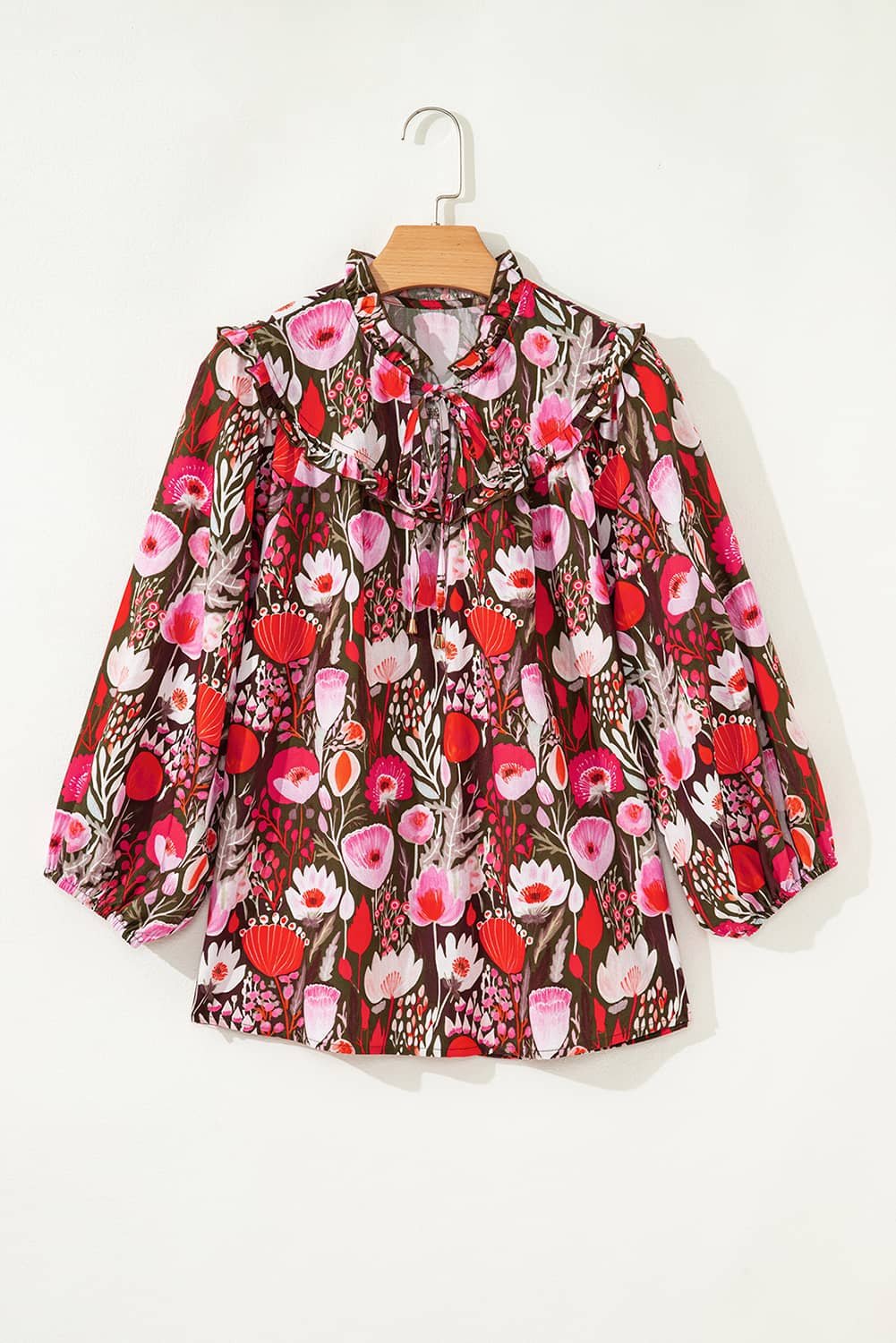 Red Floral Three Quarter Sleeve Lace-Up Neck Blouse