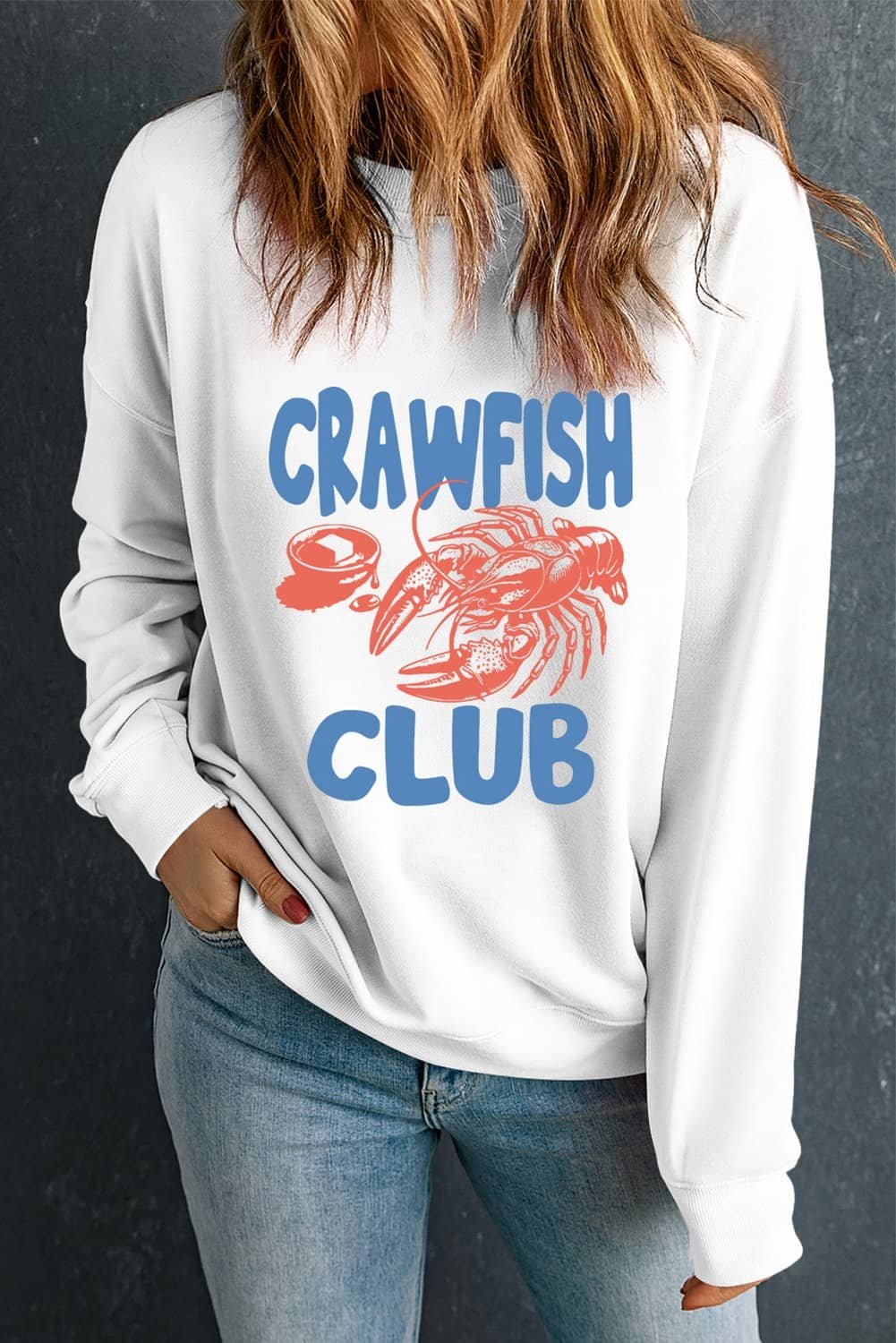 White Crawfish Club Printed Drop Shoulder Sweatshirt