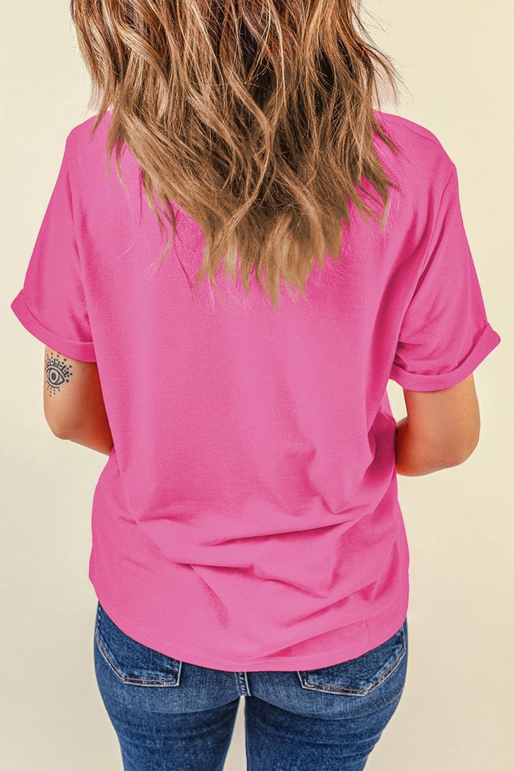 Sachet Pink Bright Casual Plain Crew Neck Tee