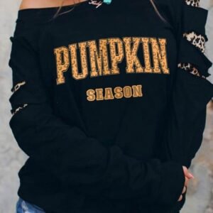 Black Leopard Pumpkin Season Graphic Ripped Sleeve Sweatshirt